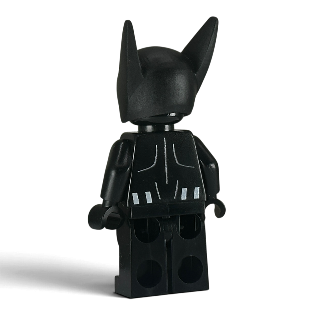 Side view of custom Batman Beyond LEGO minifigure with custom cowl, UV-printed by MW Minifigs