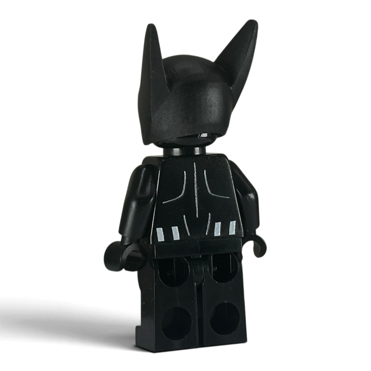 Side view of custom Batman Beyond LEGO minifigure with custom cowl, UV-printed by MW Minifigs