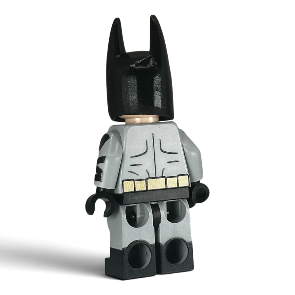 Side view of custom Absolute Batman LEGO minifigure with cowl and cape, UV-printed by MW Minifigs