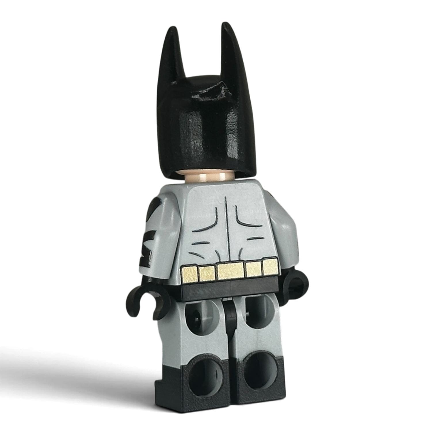 Side view of custom Absolute Batman LEGO minifigure with cowl and cape, UV-printed by MW Minifigs