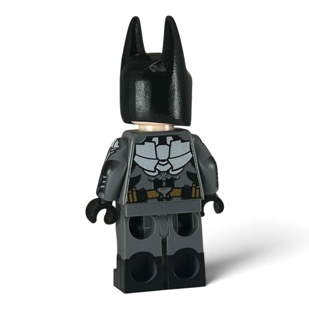 Back view of custom Arkham Knight Batman LEGO minifigure showing detailed printed armor, MW Minifigs