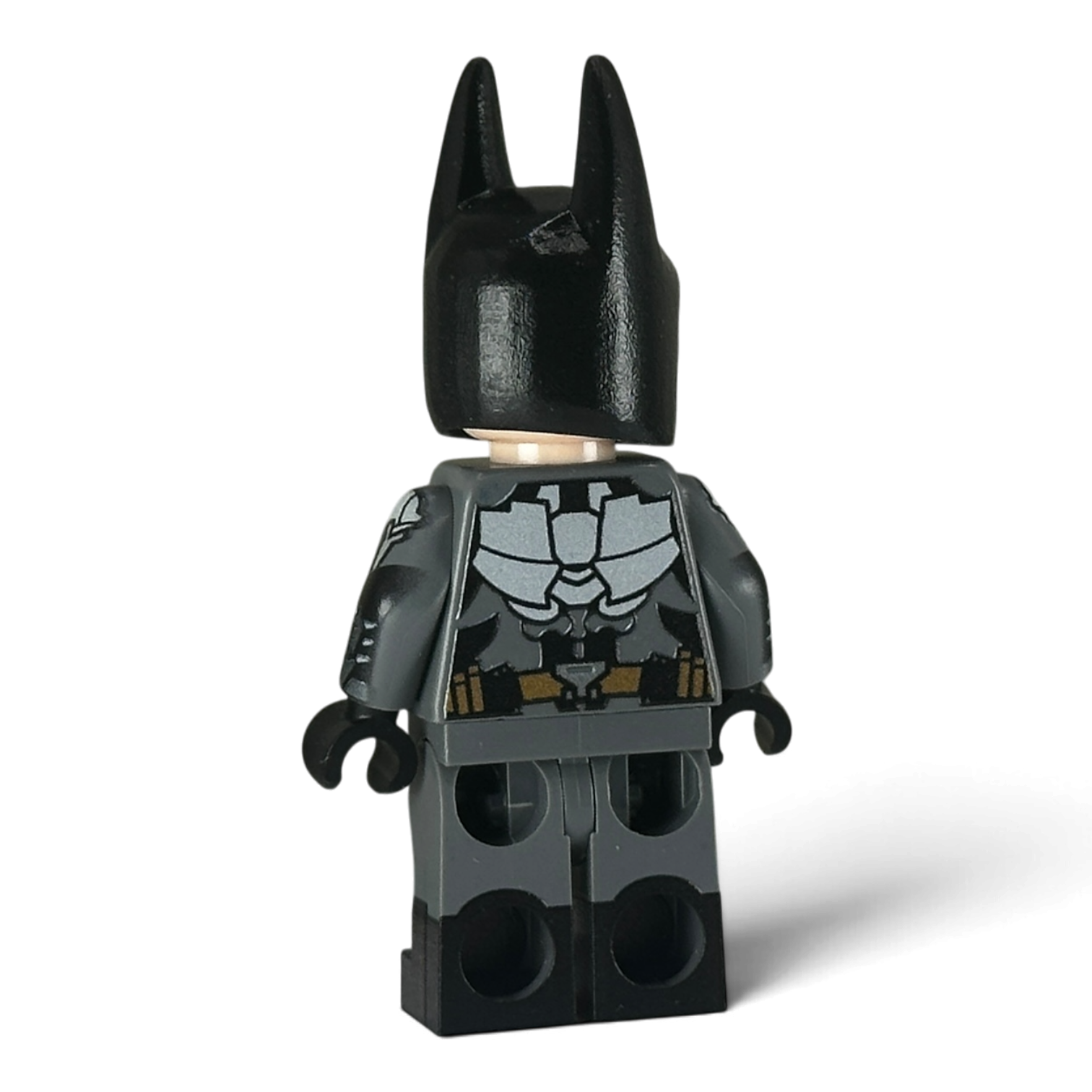 Back view of custom Arkham Knight Batman LEGO minifigure showing detailed printed armor, MW Minifigs