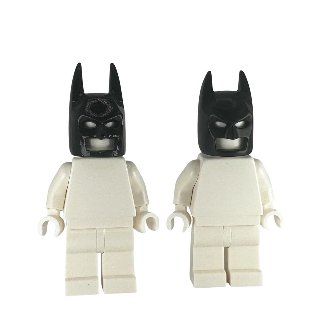 Custom long-eared Batman cowl shown next to original LEGO piece for size reference, MW Minifigs