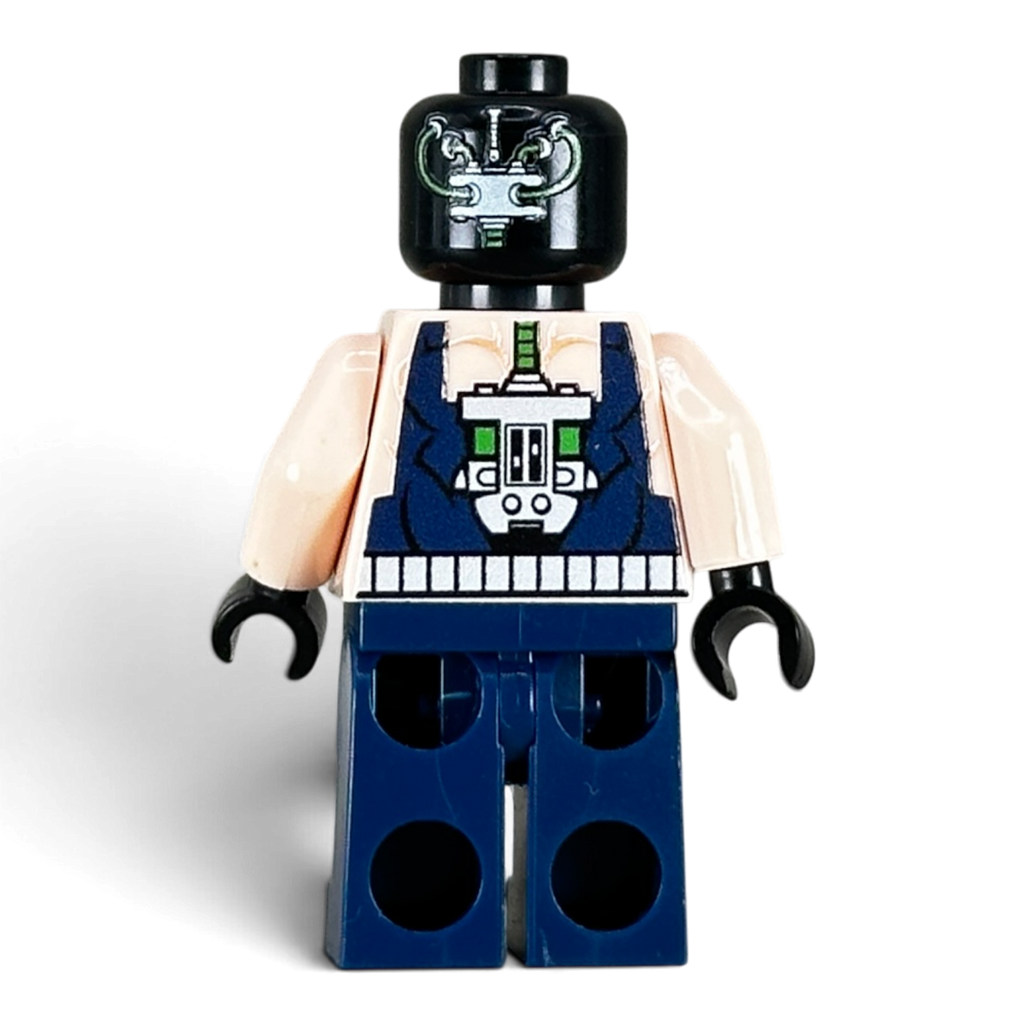 Side view of custom Bane LEGO minifigure, UV-printed by MW Minifigs