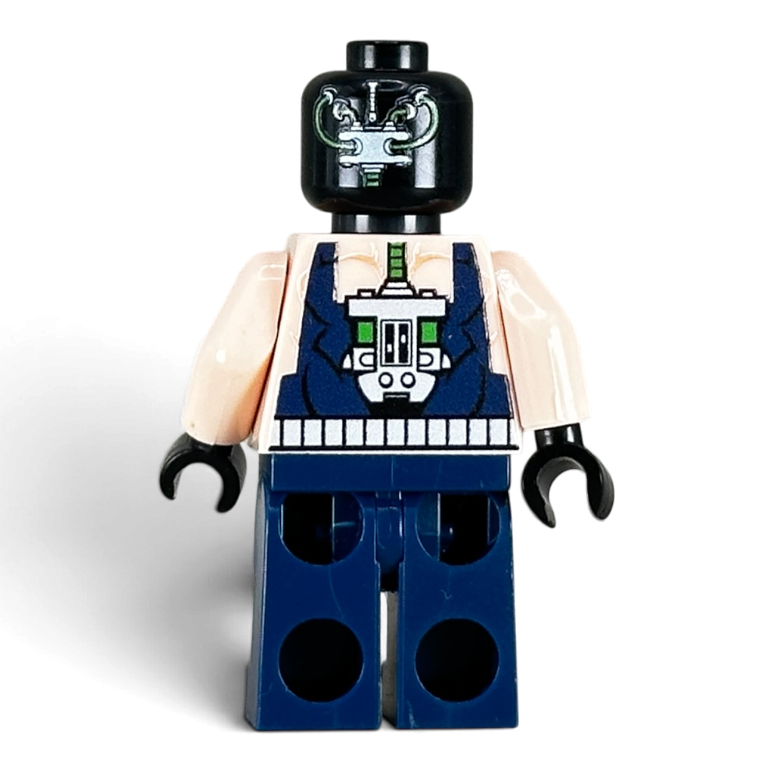 Side view of custom Bane LEGO minifigure, UV-printed by MW Minifigs