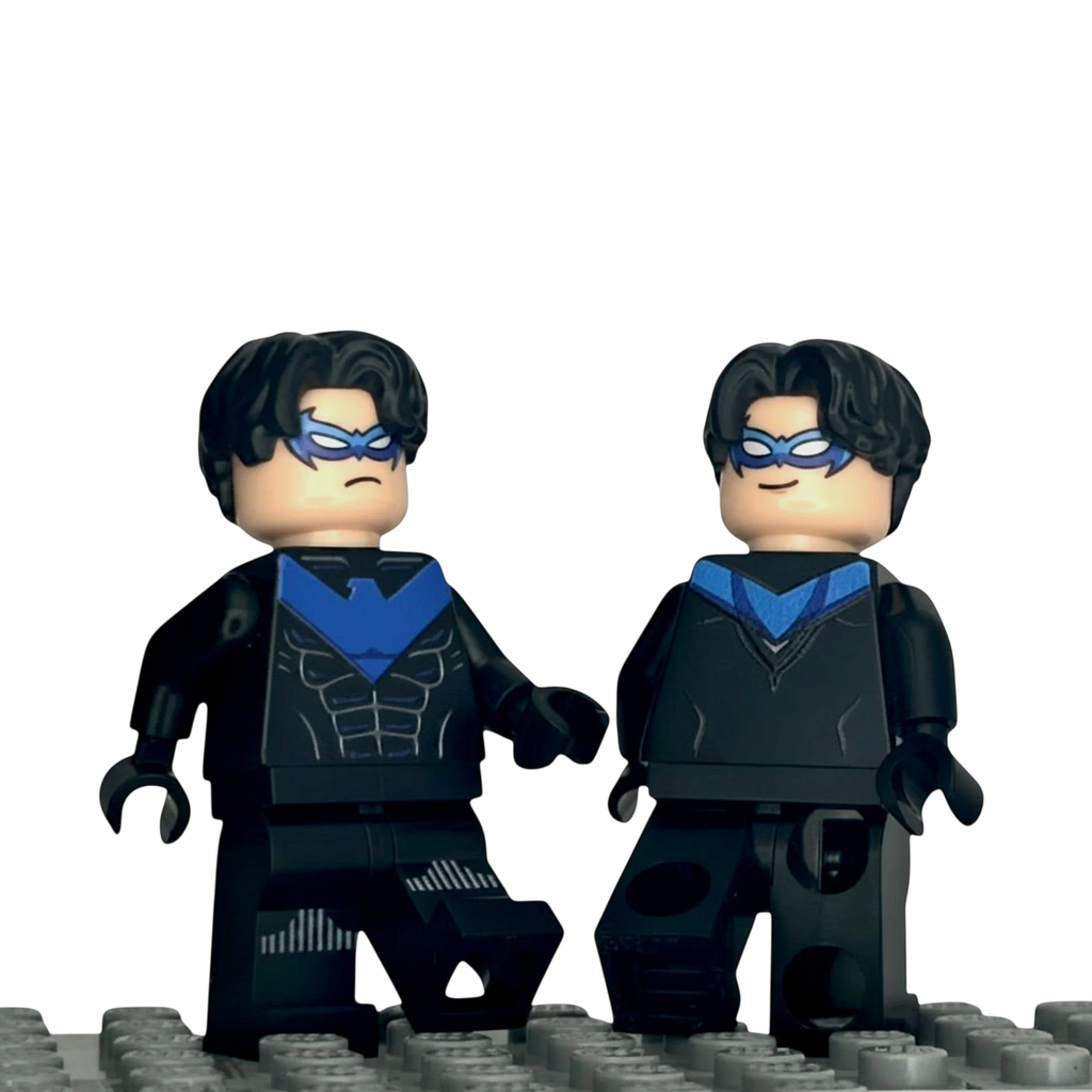 Back view of custom Nightwing LEGO minifigure showing printed detail, MW Minifigs Legacy of the Dark Knight