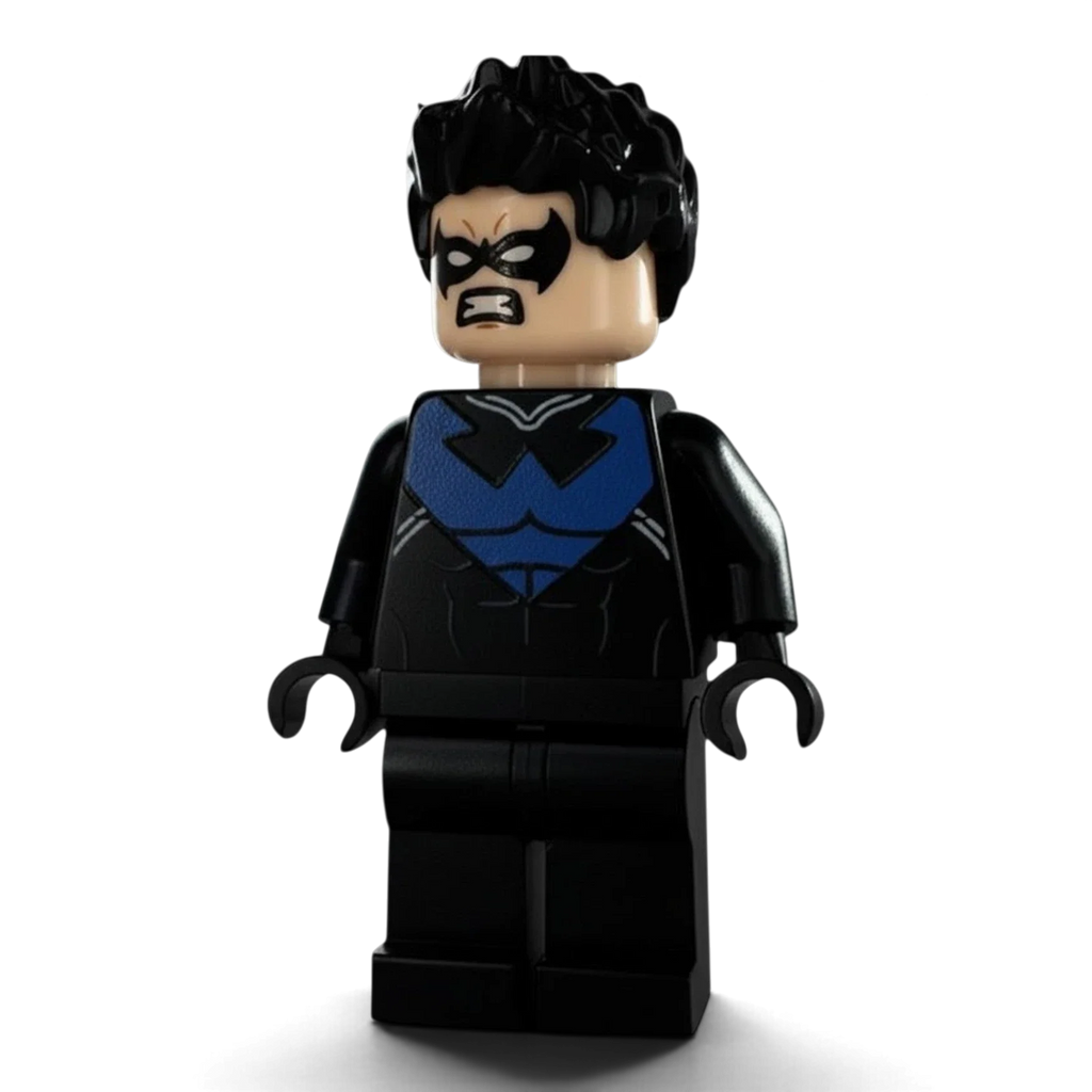 Back view of custom Nightwing 2016 LEGO minifigure showing printed torso detail