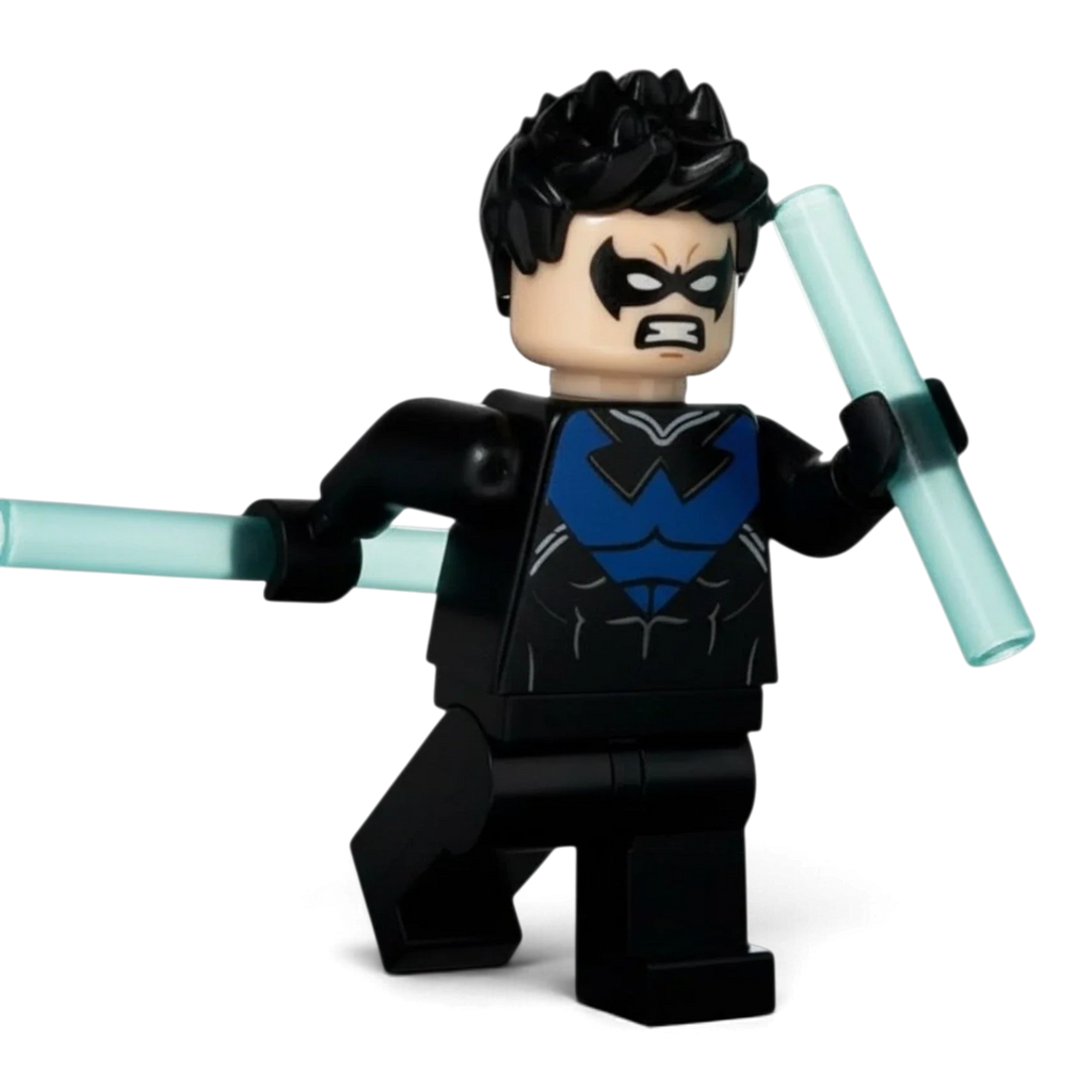 Close-up of custom Nightwing 2016 LEGO minifigure head and hair piece, MW Minifigs