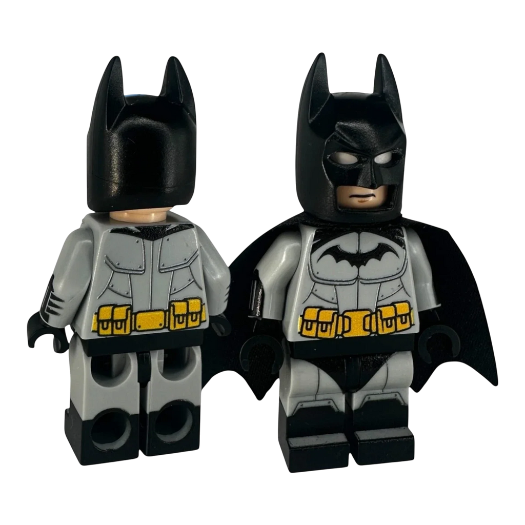 MW Minifigs Arkham Asylum Batman custom minifigure with detailed grey and black printed armor, cowl, and fabric cape