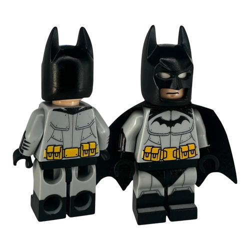 MW Minifigs Arkham Asylum Batman custom minifigure with detailed grey and black printed armor, cowl, and fabric cape