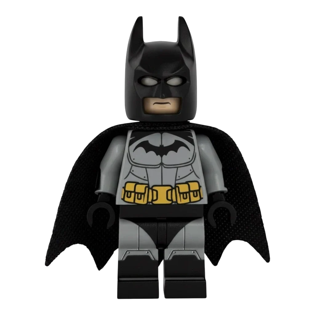 MW Minifigs Arkham Asylum Batman minifigure with grey and black printed suit, cowl, and cape on genuine LEGO parts