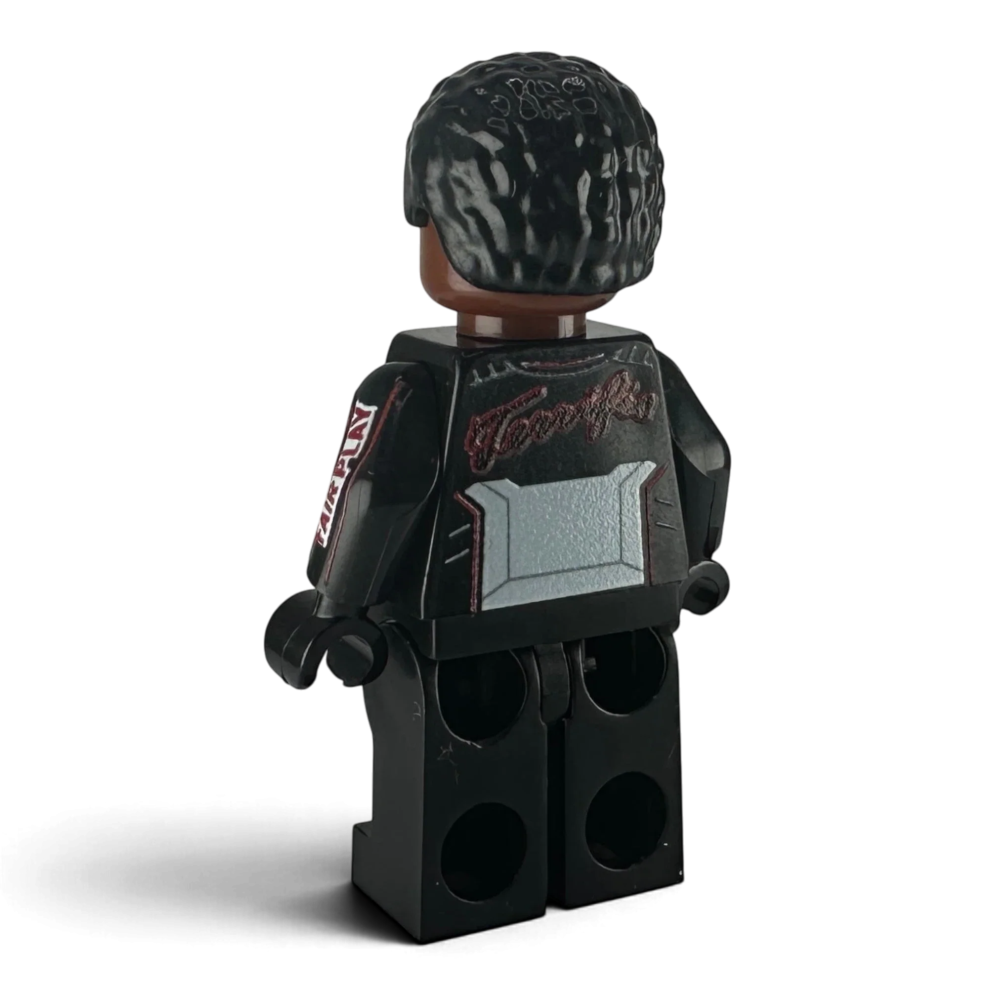 MW Minifigs custom Mr Terrific LEGO minifigure back view featuring printed jacket branding