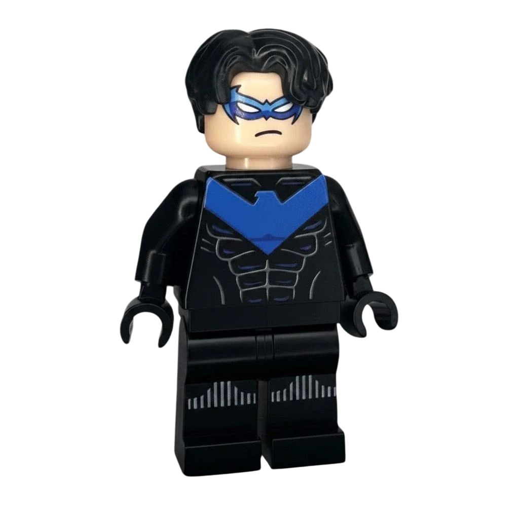 MW Minifigs custom Nightwing LEGO minifigure, Legacy of the Dark Knight line, black suit with blue emblem