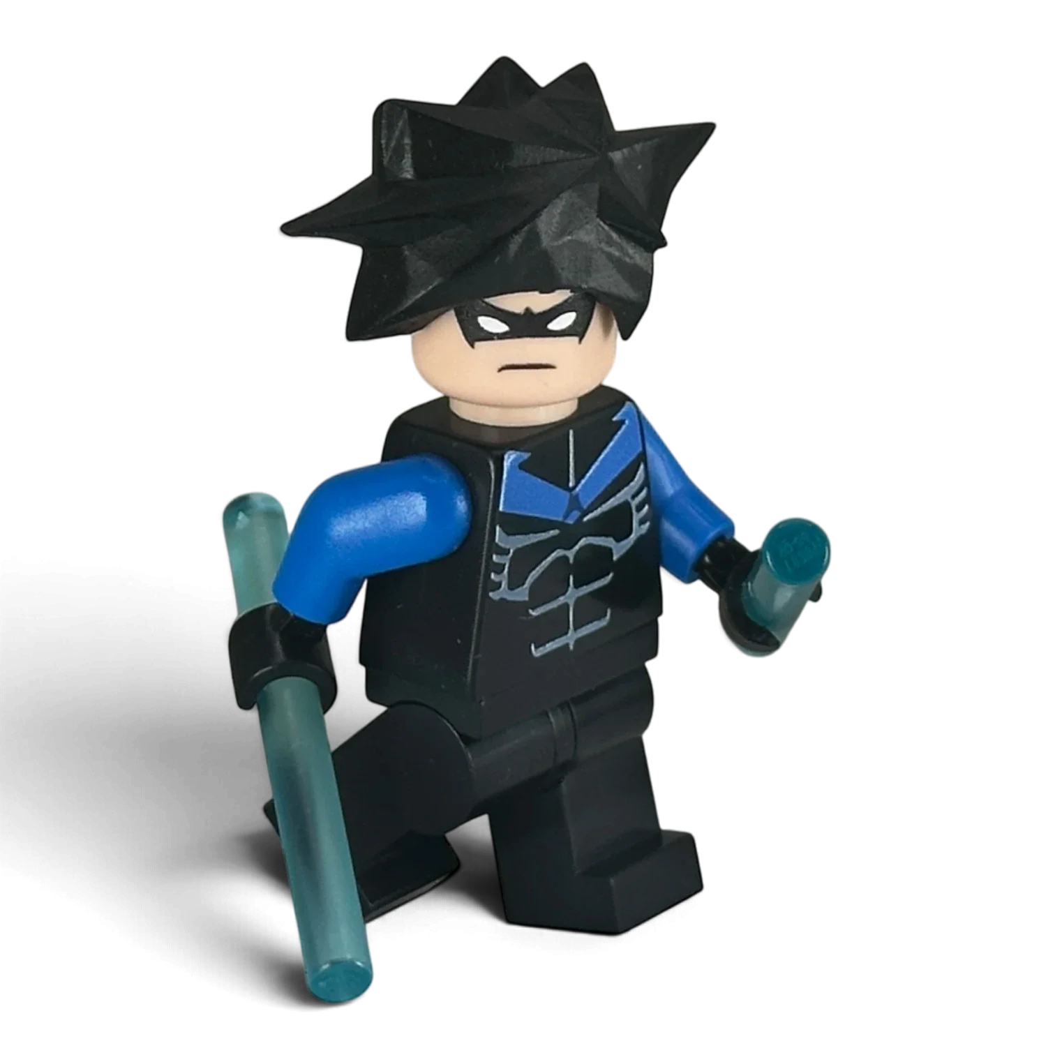 MW Minifigs custom OG 2006 Nightwing LEGO minifigure side view showing resin hair piece