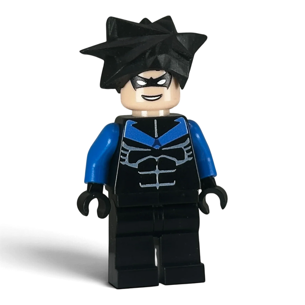 MW Minifigs custom OG 2006 Nightwing LEGO minifigure with blue and black torso, mask, and resin hair