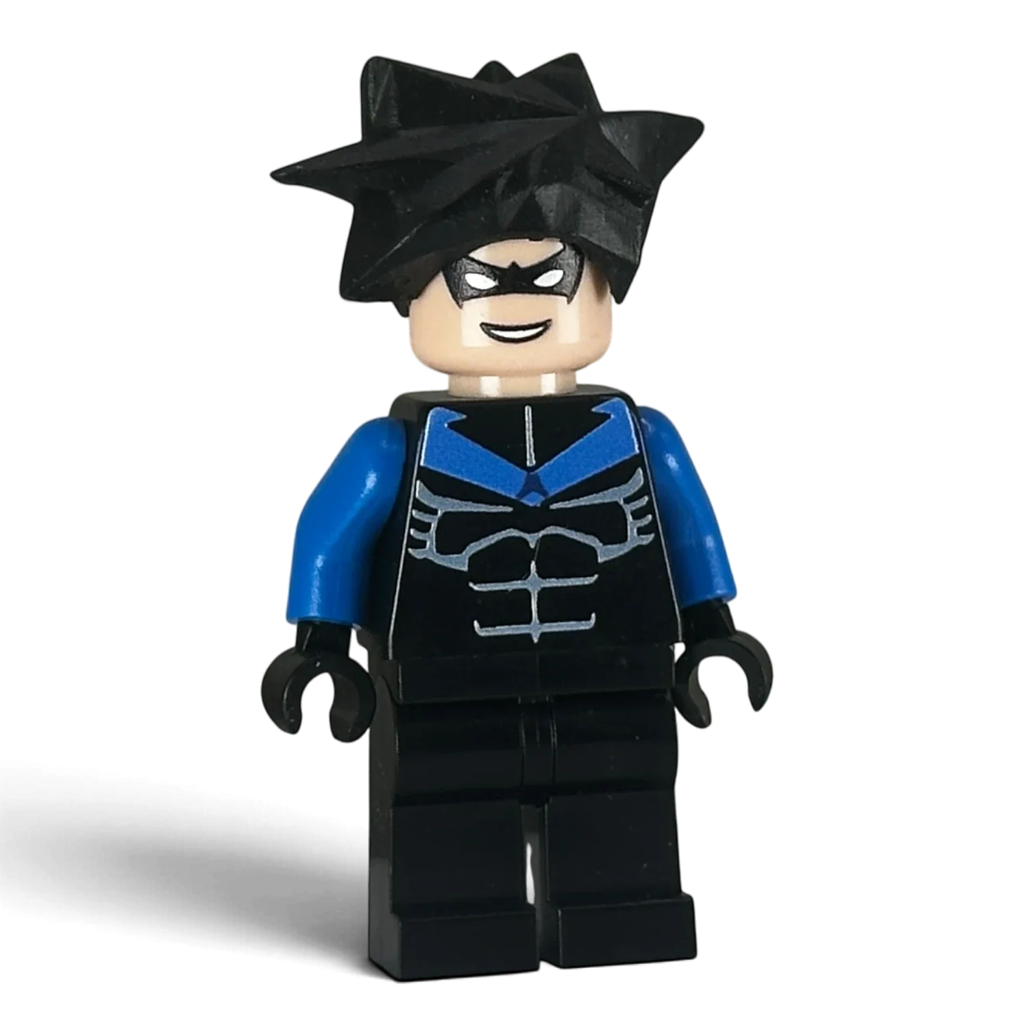 MW Minifigs custom OG 2006 Nightwing LEGO minifigure with blue and black torso, mask, and resin hair