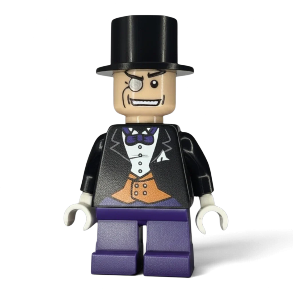 MW Minifigs custom Penguin 2006 LEGO minifigure with top hat, printed torso, and purple legs on genuine LEGO parts